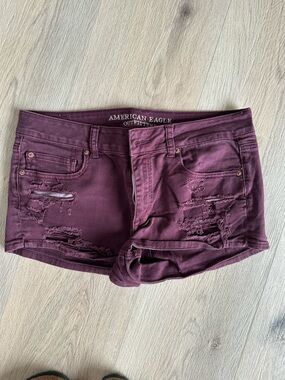 American Eagle Outfitters Maroon Distressed Shortie Denim Shorts